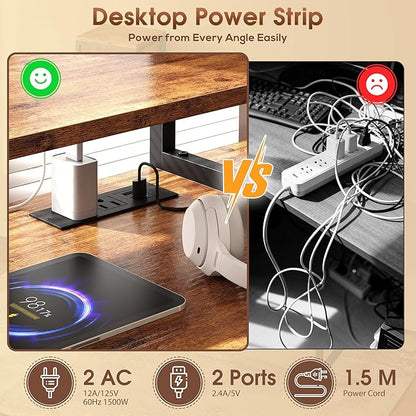 DurayLoly Computer Desk, 47" Desk with Cabinet to Display & RGB Light, Home Office Desks with 3 Drawers for Small Space, 2 AC Power Outlets and 2 Ports, Monitor Stand for Student Bedroom, Brown