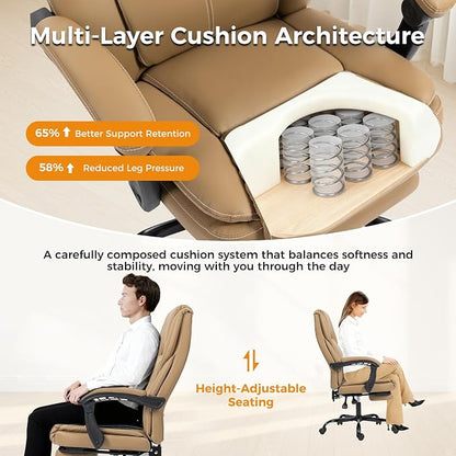 Office Chair with Footrest, Executive Breathable Leather Office Desk Chair with Lumbar Support - Ergonomic Comfy Wide Reclining Swivel Rolling Gaming Computer Chair with Adjustable 90-135° High Back