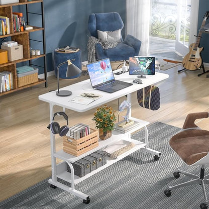 Armocity Rolling Standing Desk with Charging Station, Portable Height Adjustable Mobile Computer Desk with Wheels & 2-Tier Shelves & Hooks, Easy Assembly Laptop Table for Couch Bed, 39" White