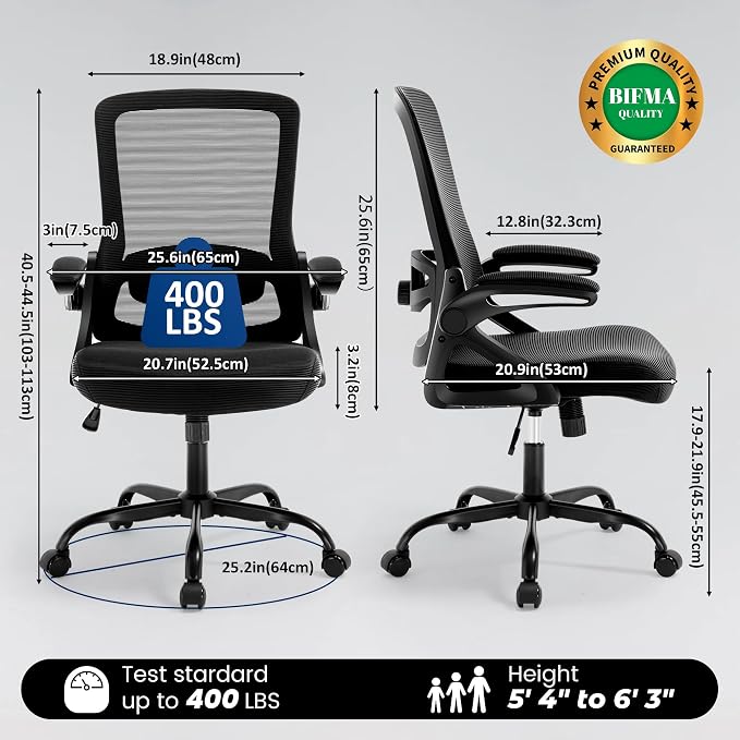 Executive Office Chair with Adjustable Lumbar Support Flip-Up Arms,Black | Executive Mesh Office Chair with Adjustable Lumbar Support, Flip-Up Arms, Thick Foam Seat, Swivel Rolling Chair, 400lbs