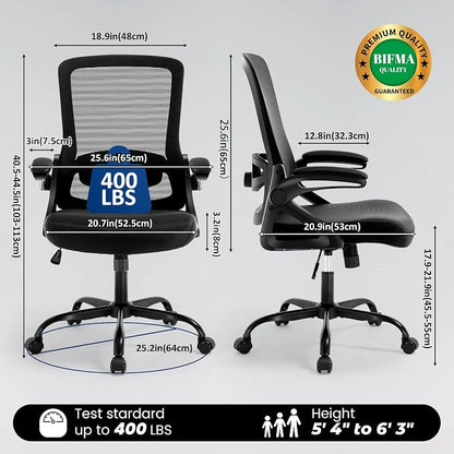 Executive Office Chair with Adjustable Lumbar Support Flip-Up Arms,Black | Executive Mesh Office Chair with Adjustable Lumbar Support, Flip-Up Arms, Thick Foam Seat, Swivel Rolling Chair, 400lbs