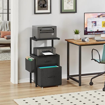 HIGDBFE 2-Drawer File Cabinet with Printer Stand & Dual Shelves, Black | 2-Tier Printer Storage, Letter File Drawer, Reversible Side Bag, Smooth Drawer Slides, Rolling Support Board