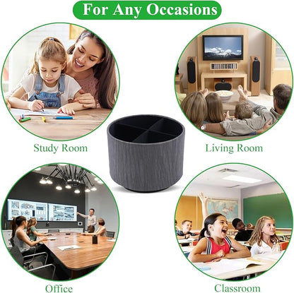 Round Leather Art Supply Organizer,Remote Control Holder,360 Degree Spinning,Multi-Functional Pencil Holder,4 Compartments Desktop Stationary Organizer(1-Thin Wood Black)