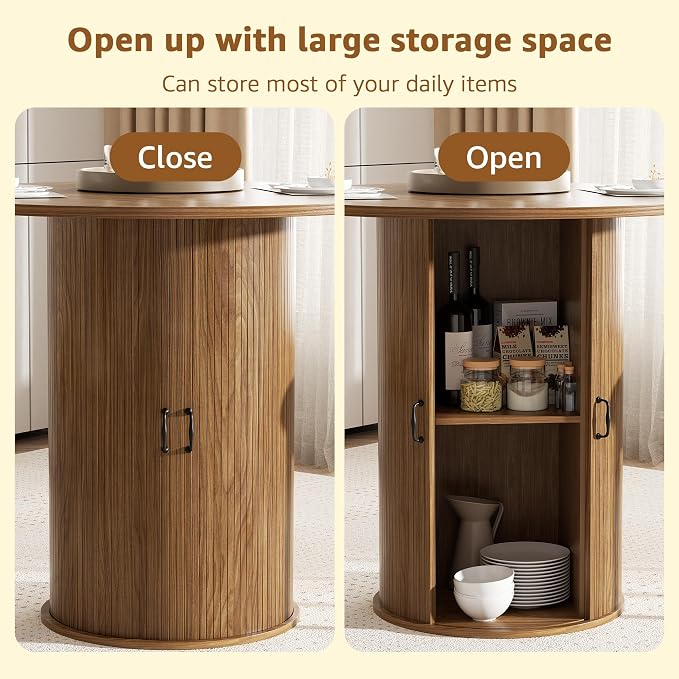 31.5 inch Round Dining Table for 2, Small Dinner Table with 2-Layer Storage Shelf, Morden Circle Kitchen Table with Strip Base and Wood Slide Door for Home Dining Room, Living Room, Chestnut