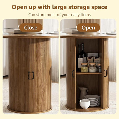 31.5 inch Round Dining Table for 2, Small Dinner Table with 2-Layer Storage Shelf, Morden Circle Kitchen Table with Strip Base and Wood Slide Door for Home Dining Room, Living Room, Chestnut