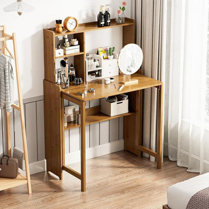 Bamboo Folding Desk with Bookshelf, Compact Computer Desk with Hutch for Small Spaces, Foldable Desk with Storage Shelf, Space-Saving Home Office Desk for Bedroom, Dorm, Apartment,Brown