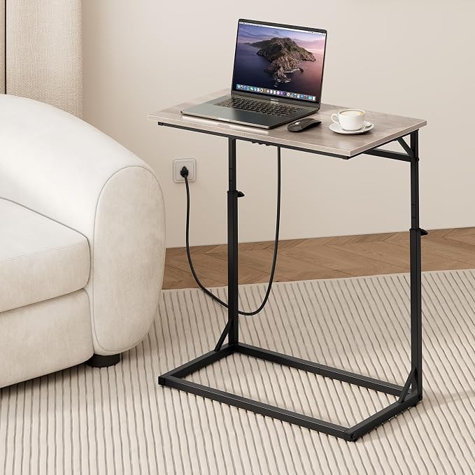 Vagusicc C Shaped End Table with Charging Station, C-Table End Table Adjustable Height Side Table for Couch, Large Couch Table, Slide Under Couch Table TV Tray Table for Sofa,Living Room,Bedroom, Grey