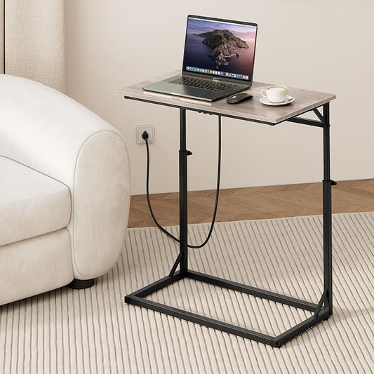 Vagusicc C Shaped End Table with Charging Station, C-Table End Table Adjustable Height Side Table for Couch, Large Couch Table, Slide Under Couch Table TV Tray Table for Sofa,Living Room,Bedroom, Grey