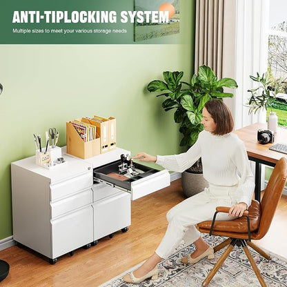 Letaya 3 Drawer Mobile File Cabinet with Lock, Under Desk Metal Filing Cabinets for Home Office Organizer Letters/Legal/A4(Fully Assembled-White)