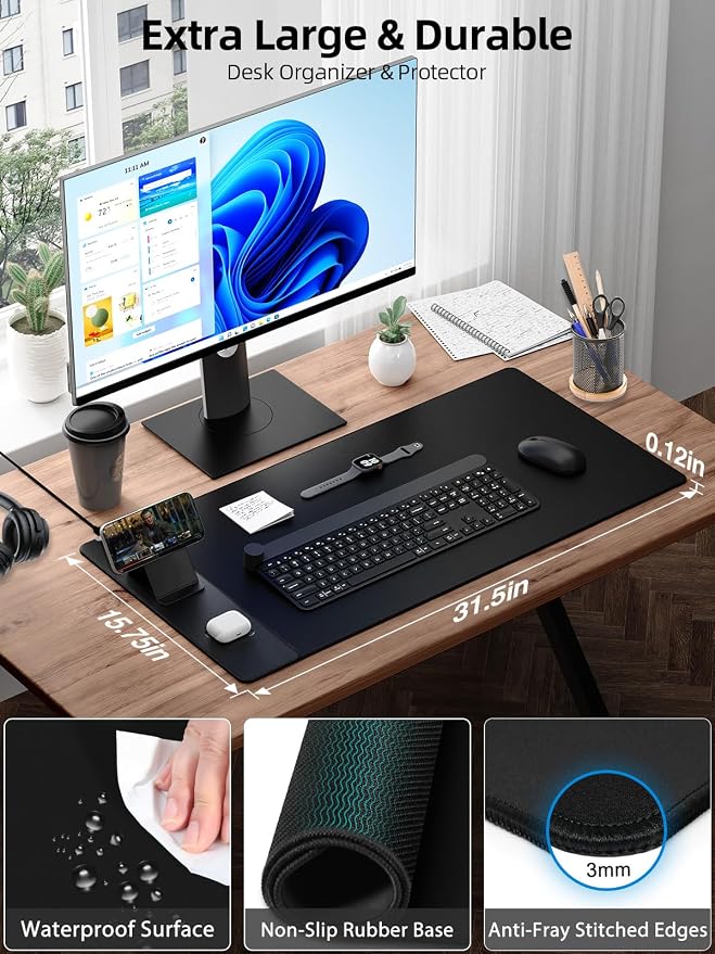 Wireless Charging Mouse Pad with Magnetic Phone Stand, 31.5"x15.8" Large | Waterproof Mousepad Desk Mat, Smooth Glide, Stitched Edge, Non-Slip Rubber Base, Computer Keyboard Mat, with Adapter