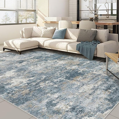 Nakagishi 10x12 Area Rugs Living Room: Washable Abstract Large Neutral Soft Rug Stain Resistant Modern Indoor Floor Non-Slip Carpet for Bedroom Nursery Kids Playroom Office Dining Room Dorm-Blue Brown