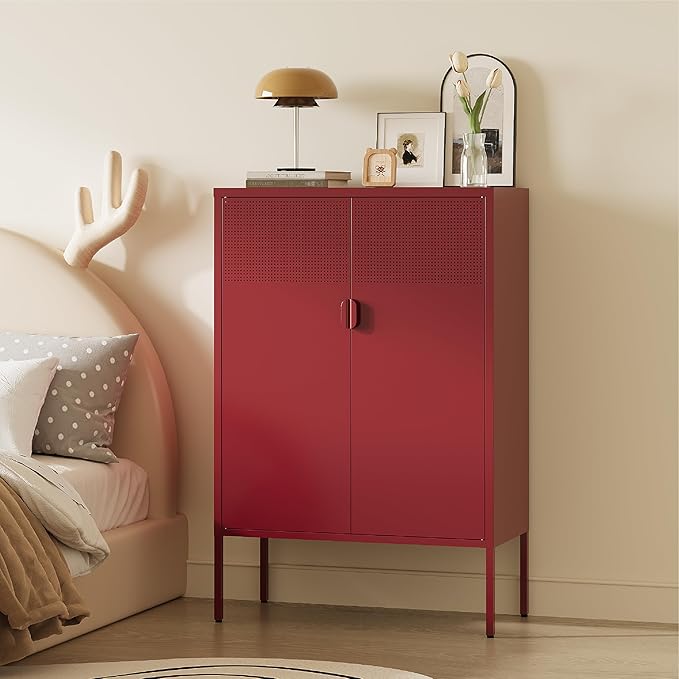 Metal Storage Cabinet,2 Door TV Stand, Metal Mesh Accent Cabinet,Magnetic Door Closure,Low Storage Cabinets with Doors and Shelves