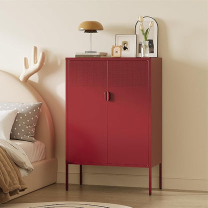 Metal Storage Cabinet,2 Door TV Stand, Metal Mesh Accent Cabinet,Magnetic Door Closure,Low Storage Cabinets with Doors and Shelves