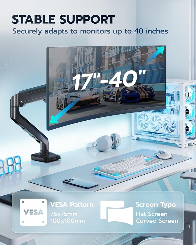 ARES WING Heavy Duty Single Monitor Arm - Fully Adjustable Monitor Mount for 17"-40" Ultrawide Screens up to 26.4 lbs with Clamp/Grommet Desk Mount, 75/100 Vesa Mount, Black
