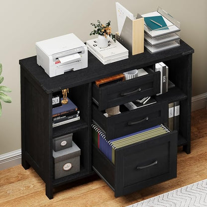 Halitaa 3 Drawer File Cabinet, Farmhouse Lateral Filing Cabinet Fits Files Letter or A4 Size, Wooden Printer Stand with Open Storage Adjustable Shelf for Home Office, Black