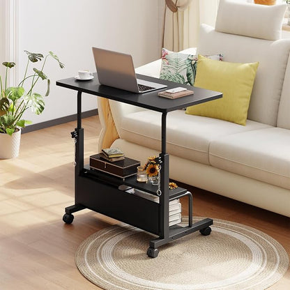 DUMOS 31.5" Mobile Rolling Desk with 2-Tier Storage Shelves, Height Adjustable Computer Desks on Wheels, Portable Rolling Laptop Table for Small Spaces & Home Office Black