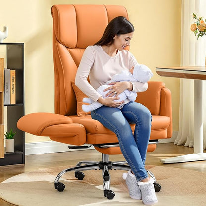 Big and Tall Office Chair, 400LBS Wide Leather Gaming Chair with Footrest, High Back Executive Chair, Reversible Armrest for Pets, 135° Reclining Cross Legged Desk Chair with Lumbar Support(Brown)
