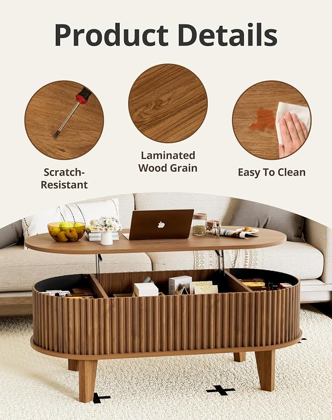 Oval Lift Top Coffee Table with Storage, 41" Wood Fluted Modern Living Room Center Table for Home Office, Walnut