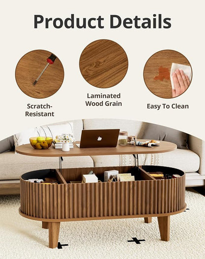 Oval Lift Top Coffee Table with Storage, 41" Wood Fluted Modern Living Room Center Table for Home Office, Walnut