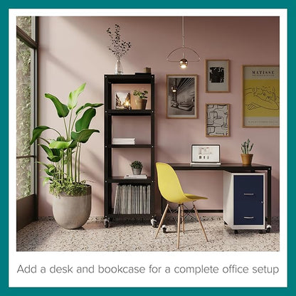 Space Solutions - 2 Drawer Fully Assembled Vertical Steel File Cabinet, Home & Small Office Use, Fits Under Most Desks, Letter-Size, Lock, Mobile, Pearl White/Navy