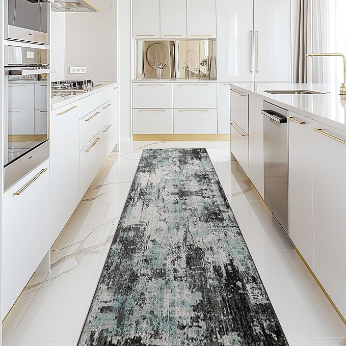 RELEANY Washable Area Rugs 2'x10' Non-Slip Modern Abstract Soft for Living Room Entryway Bedroom Kitchen, Print Pattern, Blue Black Teal