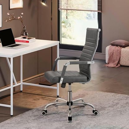 Shahoo Ribbed Office Chair, Mid-Back PU Leather Office Chair Executive Task Chair with 360° Swivel Wheels for Conference Room, Home Offices (Bicolor Vintage Grey)