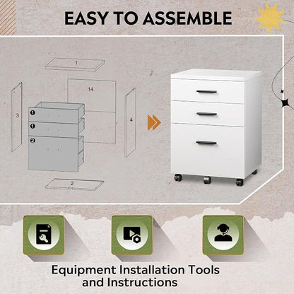 DEVAISE 3 Drawer File Cabinet for Home Office, Wood Under Desk Filing Cabinet, Rolling Printer Stand with Wheels, White