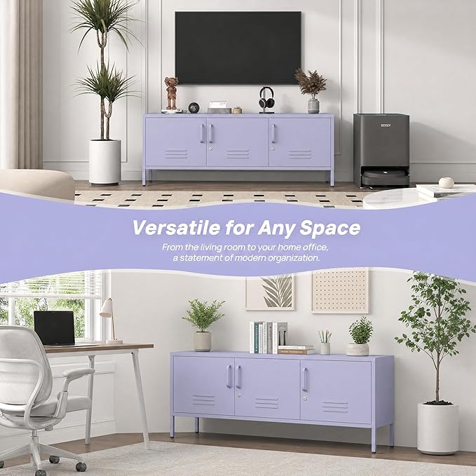 Purple TV Media Stand for 100" TV, 3 Door Metal Accent Cabinet with Removable Shelves, Steel Storage Locker for Living Room Bedroom, Lockable Door, 22" H X 47.3" W X 13.8" D
