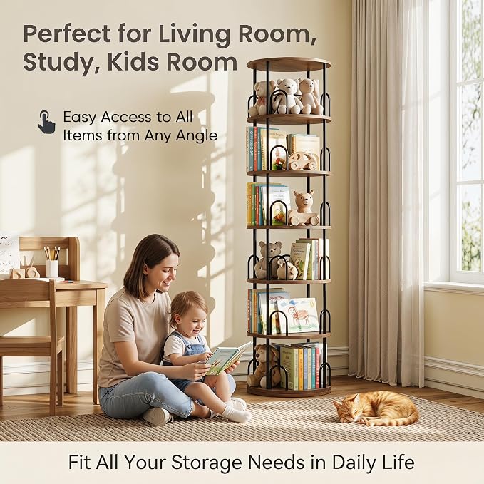 6 Tier Rotating Bookshelf Tower, Standing Tall Corner Wood, Black Metal Modern Book Shelf Organizer Retro Vintage Rustic Farmhouse Large Bookshelf Book Display Furniture for Your Home, Office, Kids