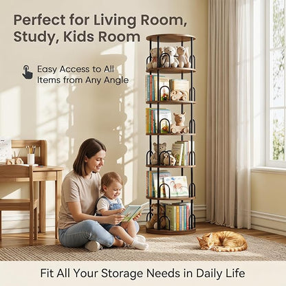 6 Tier Rotating Bookshelf Tower, Standing Tall Corner Wood, Black Metal Modern Book Shelf Organizer Retro Vintage Rustic Farmhouse Large Bookshelf Book Display Furniture for Your Home, Office, Kids