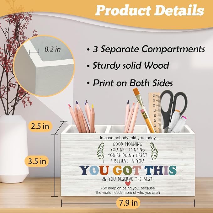 Inspirational Affirmations Pen Holder Organizer for Desk Accessories, Motivational Quote Wooden Box Sign Desk Decorations for School Office Tabletop Decor,You Got This Gift for Women