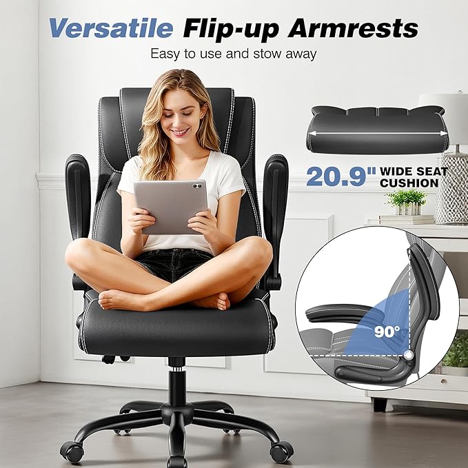 BESTFAIR Ergonomic Office Chair - Desk Computer Chair, Leather High Back Executive Chairs with Adjustable Lumbar Support & Flip Up Arms, Black 2 Pack