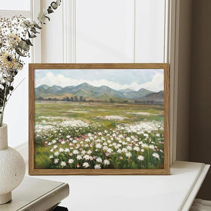 Framed Farmhouse Landscape Wall Art, Modern Country Flower Wall Decor, Vintage Wildflowers Mountain Canvas, Farm House Nature Pictures Print Artwork for Bedroom Living Room – 12x16 inch