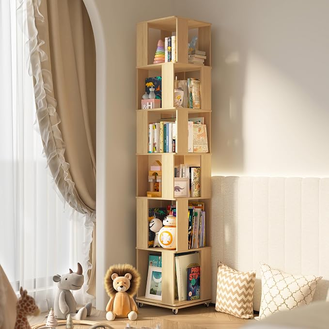 6 Tier Solid Wood Rotating Bookshelf Tower on Wheels, 360° Upgrade Spinning Book Shelf, Revolving Bookcase Organizer, Swivel Bookshelves for Small Spaces, Bedroom, Kids Room, Office (Light Wood)