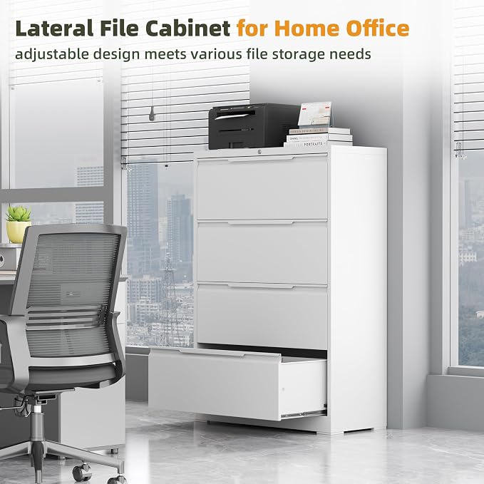 Lateral File Cabinet, 4 Drawer Lateral File Cabinet with Lock, Metal Lateral Filing Cabinet for Home Office, Office Organization Cabinet for Letter/Legal/F4/A4 Size