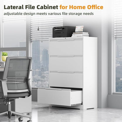 Lateral File Cabinet, 4 Drawer Lateral File Cabinet with Lock, Metal Lateral Filing Cabinet for Home Office, Office Organization Cabinet for Letter/Legal/F4/A4 Size