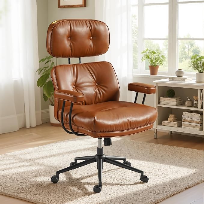 Faux Leather Executive Office Chair - Big and Tall Ergonomic Home Office Chair,Computer Desk Chair with Lumbar Support,Adjustable Task Chair Swivel Rolling PC Chair with Wheels,PU,Brown