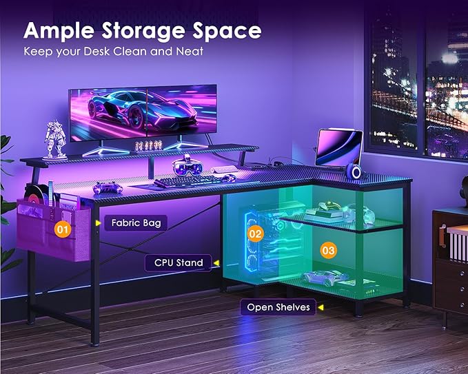 ODK 58 Inch Gaming Desk with USB Charging Ports and LED Lights, Reversible L Shaped Computer Desk with Storage Shelves & Monitor Stand, Corner Gamer Desk Table with Power Outlets, Black