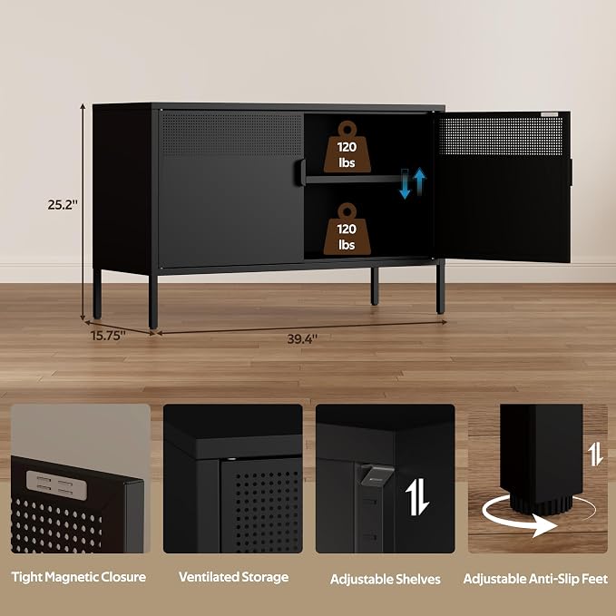 Metal Storage Cabinet with 2 Doors & Adjustable Shelves, 25" H Black Accent Cabinet, Metal Locker Storage Cabinets, Tv Stand Cabinet for Home, Office, Living Room, Entryway