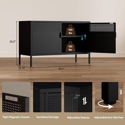 Metal Storage Cabinet with 2 Doors & Adjustable Shelves, 25" H Black Accent Cabinet, Metal Locker Storage Cabinets, Tv Stand Cabinet for Home, Office, Living Room, Entryway