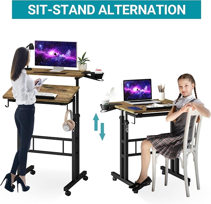 Klvied Small Standing Desk with Cup Holder, Height Adjustable Mobile Laptop Stand on Wheels, Ergonomic Rolling Computer Workstation for Home Office, Portable Overbed Table for Couch & Bed, Oak
