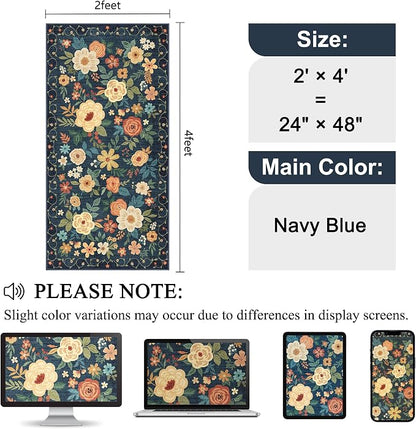 DUKINO 2x4 Rug for Entryway, Washable Kitchen Floral Runner Rug with Non Slip Backing, Low Pile Soft Boho Carpet for Kitchen, Hallway, Entryway, Laundry, Bedroom, Navy Blue