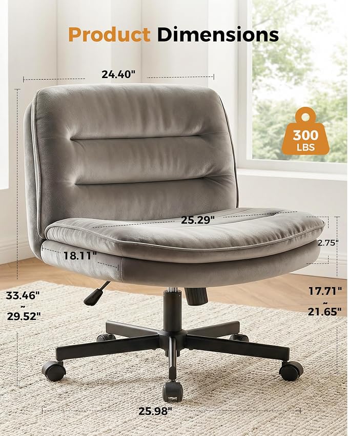 COMHOMA Criss Cross Office Chair with Wheels Armless Desk Chair Comfy, Modern Vanity Chair for Home Bedroom, Comfortable Wide Seat for Lower Back Pain Relief, Soft Velvet, Gray