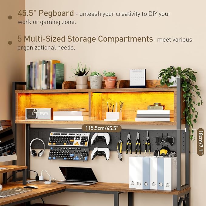 RALGEND 75" L Shaped Gaming Desk with Drawers, Computer Corner Desk with Storage Shelves for Home Office, Gaming Desk with Monitor Stand, Hutch, LED Light & Power Outlet, Rustic Brown and Black