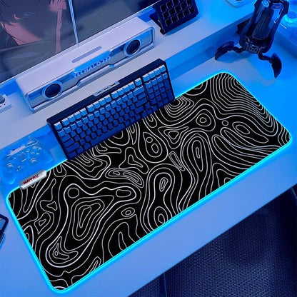 JMIYAV White Gaming Mouse Pad RGB Mousepad 31.5x12In Non-Slip Rubber Base Extra Large Cool XL XXL Computer Desk Pad Gaming Accessories Setup LED Light Up Big Mouse Pad for Gamer Topographic Black