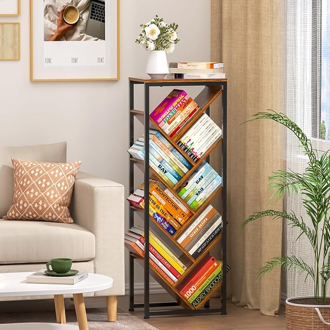 Cutogxon Tree Bookshelf - 9 Tier Floor Standing Tree Book Storage Organizer with Adjustable Feet for Hardcover Books, Vintage Living Room
