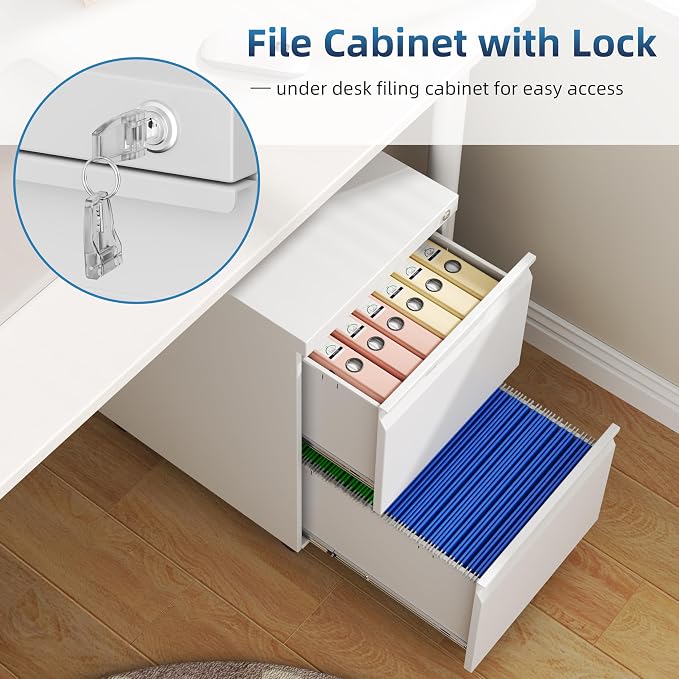 File Cabinet with Lock, 2 Drawer Mobile File Cabinet with Wheels, Metal Vertical File Cabinets for Home Office, Rolling Filing Cabinets Under Desk Storage for Letter/Legal/A4 Files