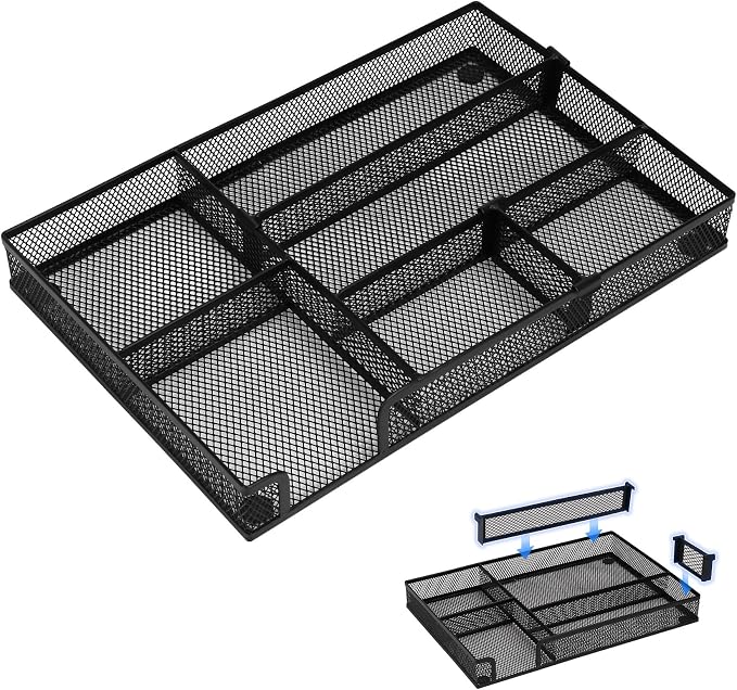 Desk Drawer Organizer, Junk Drawer Organizer Tray with 2 Adjustable Compartments, Desktop Metal Mesh Office Desk Organizer, Multifunction Pen Organizer Set for Office School Home Makeup Supplies (1)