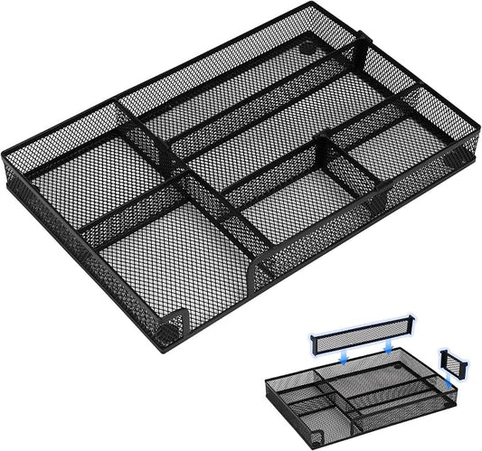 Desk Drawer Organizer, Junk Drawer Organizer Tray with 2 Adjustable Compartments, Desktop Metal Mesh Office Desk Organizer, Multifunction Pen Organizer Set for Office School Home Makeup Supplies (1)