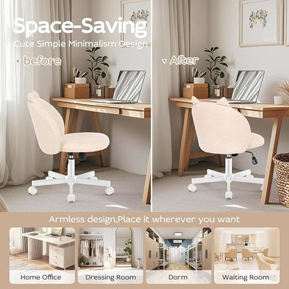 Vanity Chair with Cat Back,Armless Desk Chair Cute Small Office Chair,Teddy Fabric Computer Chair with Adjustable Height,120°Tilting,Rolling,Swivel for Vanity,Kids Room,Office,Bedroom Beige